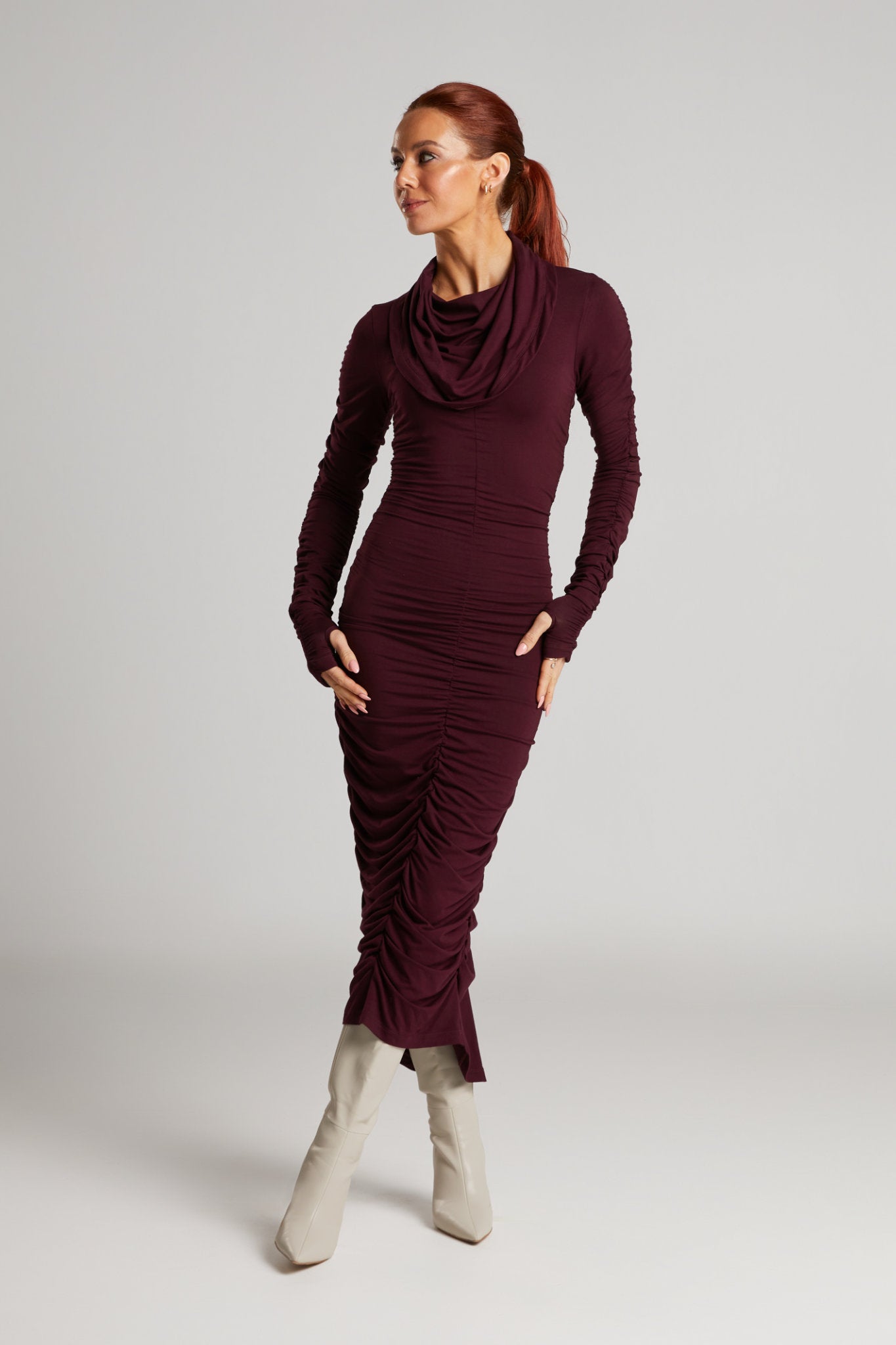 Beth Ruched Cowl Neck Dress (Blackberry) Liz Skorsis Beth Ruched Cowl Neck Dress (Blackberry) Liz Skorsis
