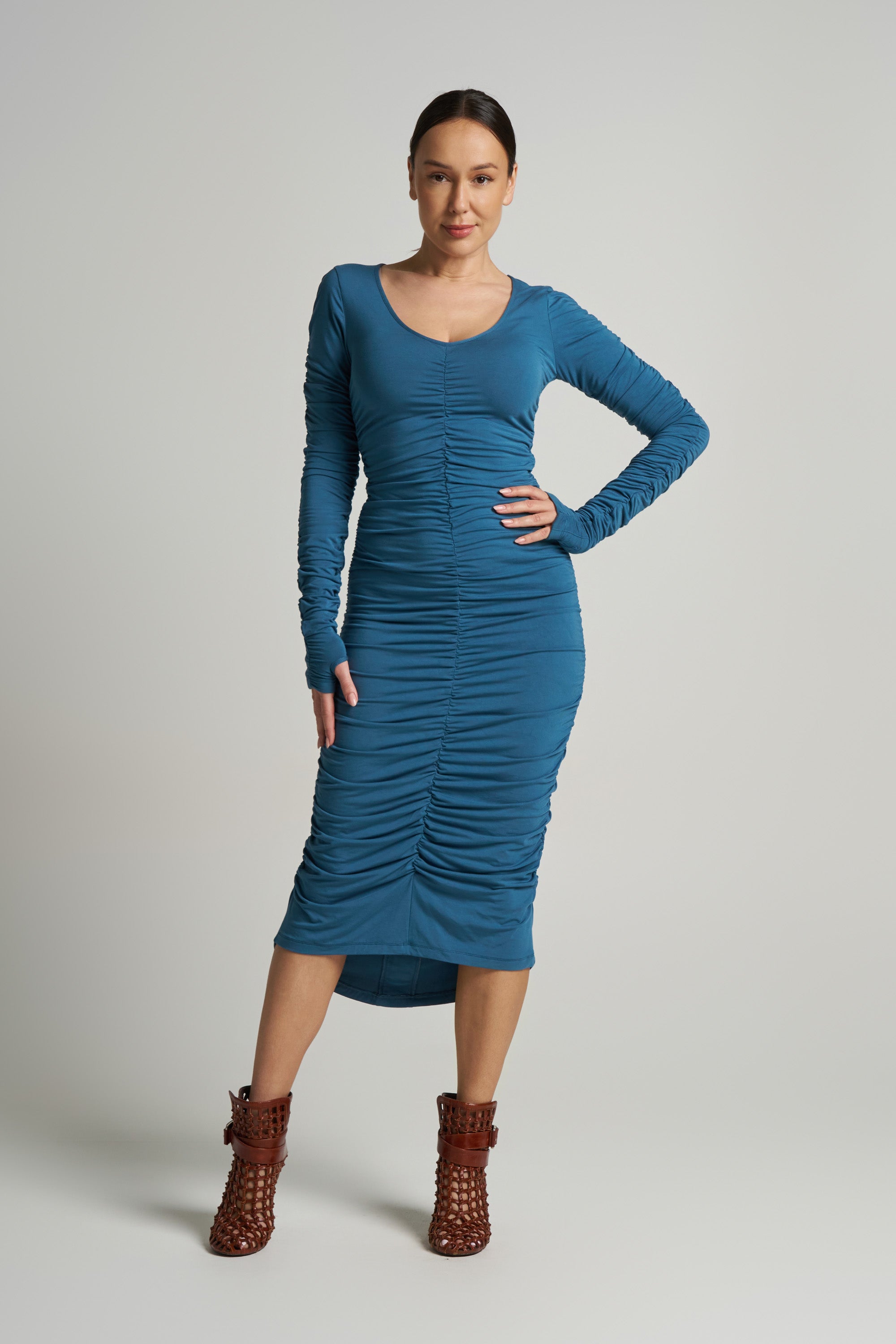 Viva Scoop Neck Ruched Dress (Cerulean)