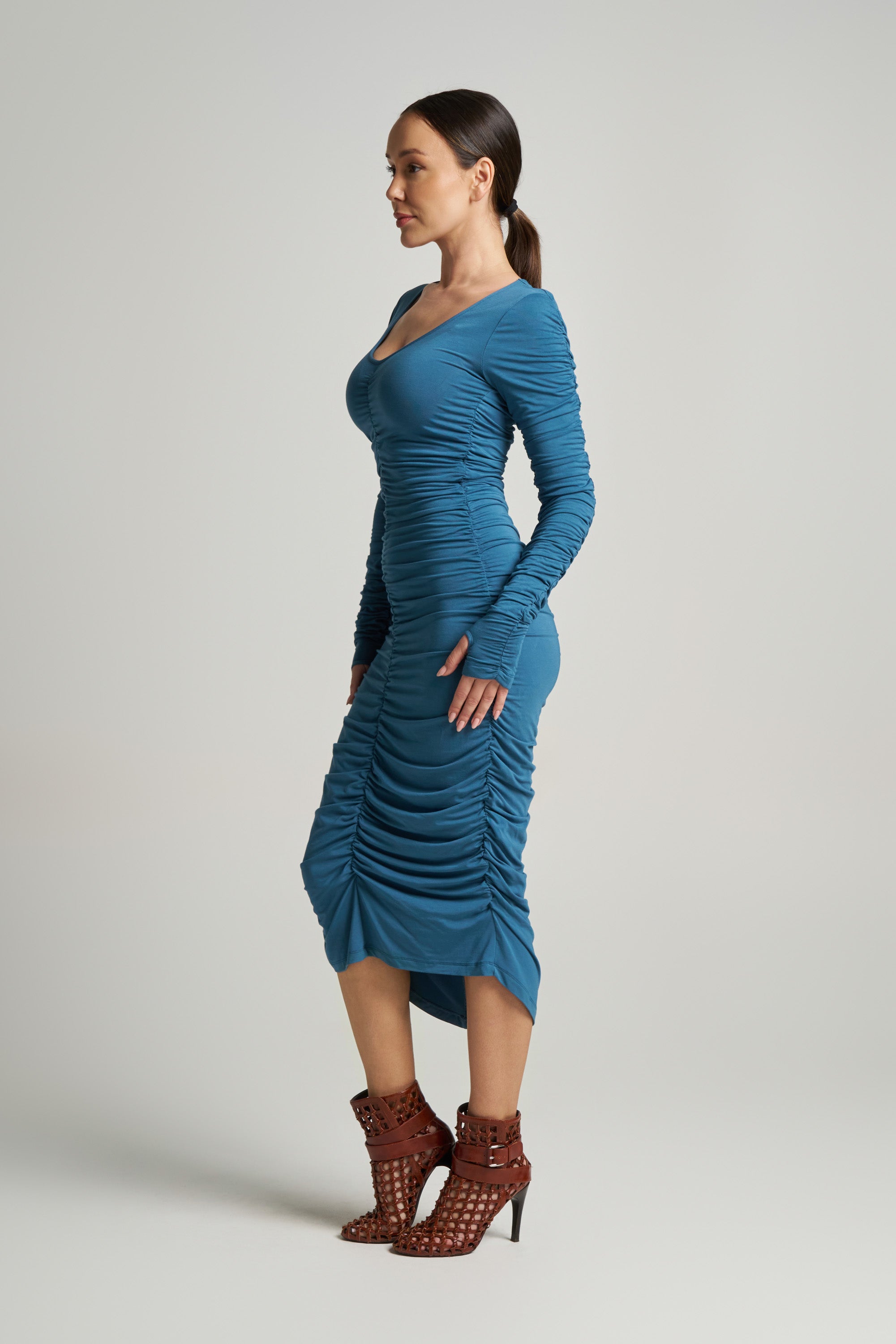Viva Scoop Neck Ruched Dress (Cerulean)